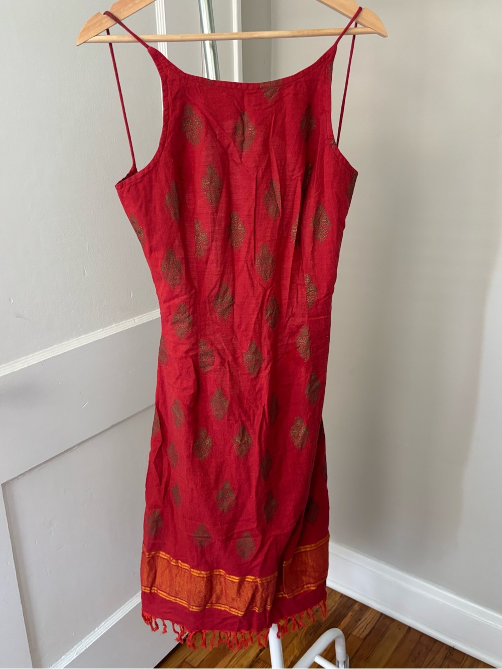 Vintage Free People Red Orange BacklessMidi Dress with Fringe Hem Sz 11
